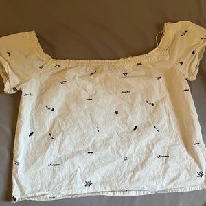 Pull And Bear White Off The Sleeve Blouse Shirt Small Stitching Details